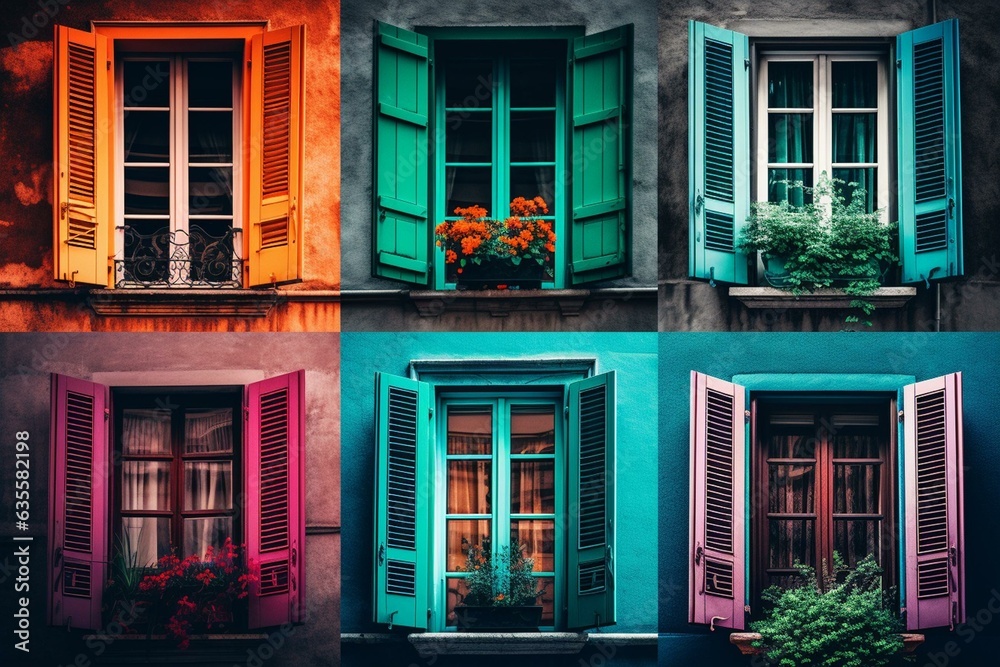 Four windows with vibrant colors arranged in a collage. Generative AI