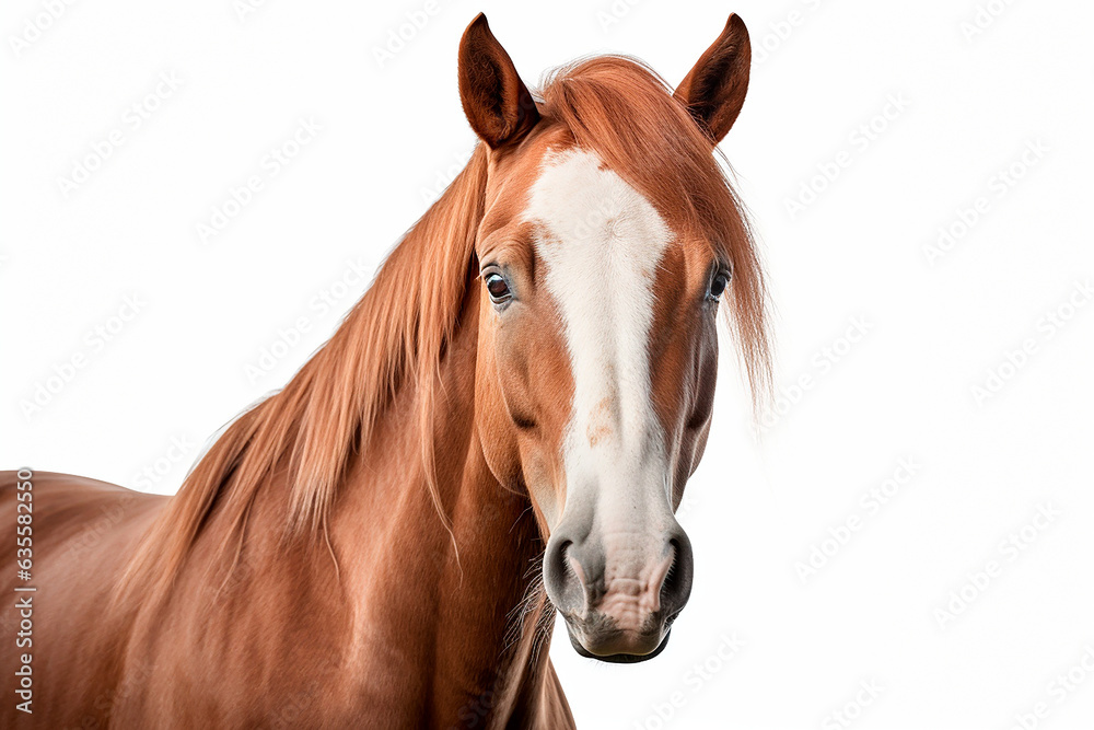 Horse isolated on a white background close-up portrait. Studio animal photography.