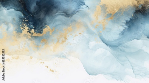 Abstract watercolor style layout. Black, dark and light blue paint stains and gold splatter on a white background. Irregular stains and splash print. Artistic dotted layout.
