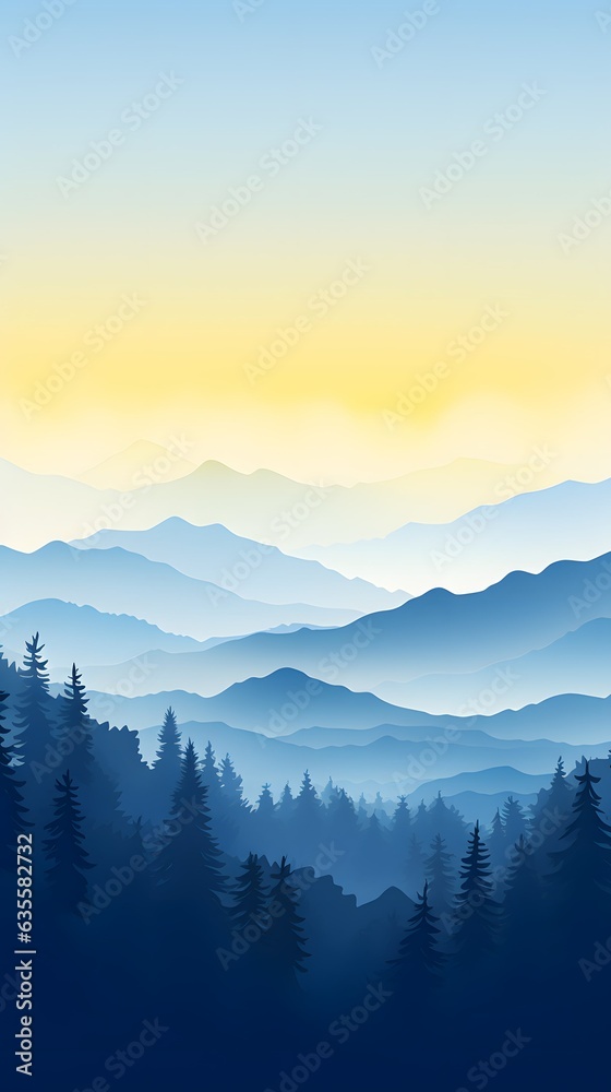 Misty gradient blue and yellow dreamy forest atmosphere phone hd wallpaper, ai generated