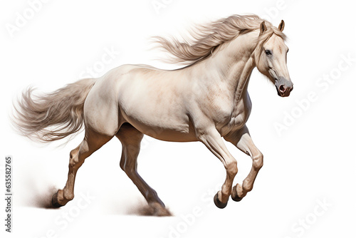 White Horse isolated on a transparent background running. Animal right side portrait.