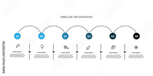 Modern design template infographic element. Timeline process with six step or options and marketing icons.