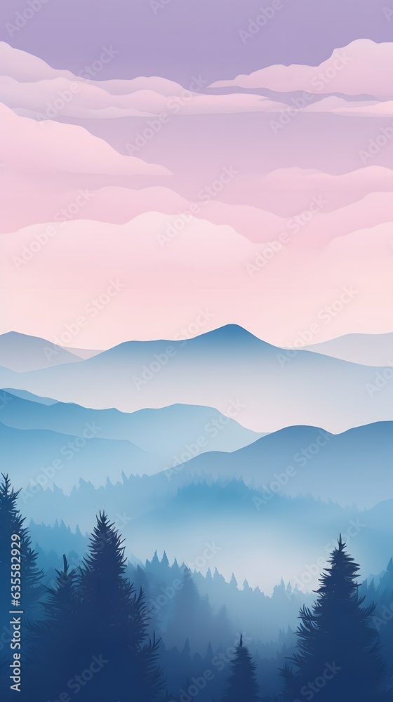 Misty gradient pink and blue dreamy forest atmosphere phone hd wallpaper, ai generated