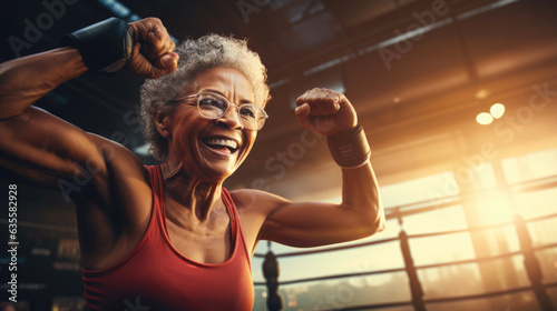 Senior woman training at gym with a punching bag. 