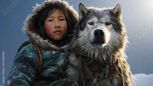 Young Inuit Boy and His Sled Dog Posing Portrait in the Snow. Concept of Arctic Companionship, Snowy Landscape, Sled Dog Partnership, Cultural Representation, Traditional Way of Life, Inuit Heritage. © Lila Patel