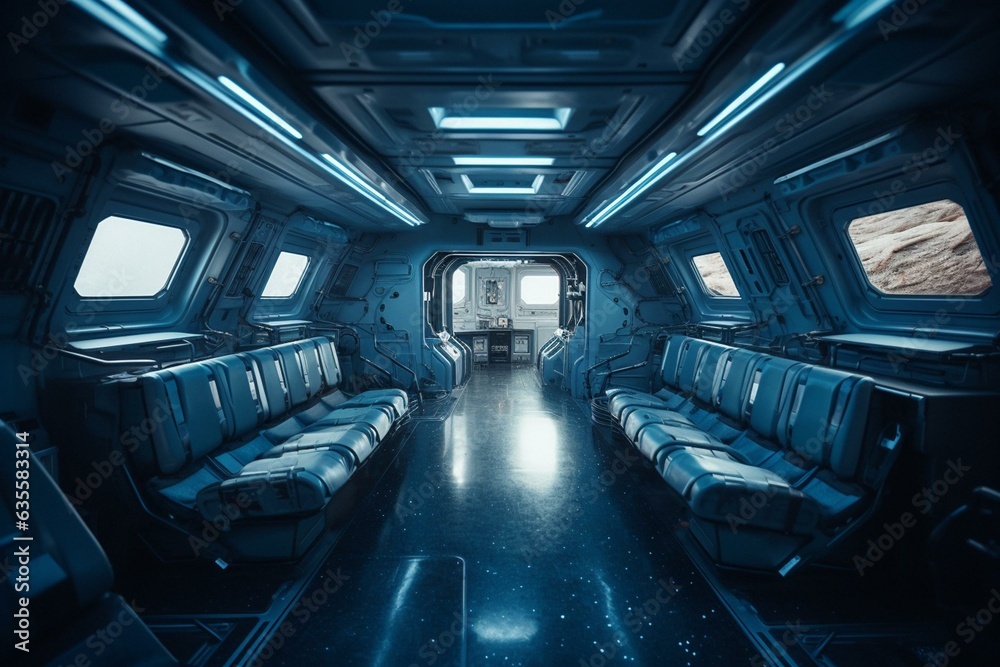 Spacious blue spaceship with screen-filled rooms and comfy seating. Generative AI