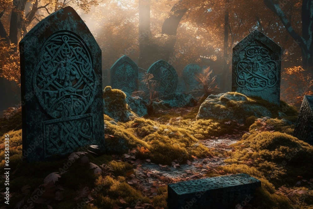 Mystical Viking rune stones amidst a fantastical woodland cemetery ...
