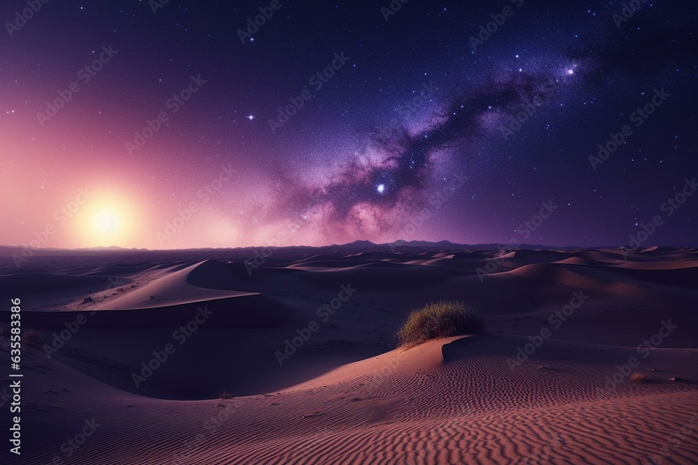 A dreamlike desert landscape with undulating dunes beneath a majestic purple night sky. Generative AI - obrazy, fototapety, plakaty 