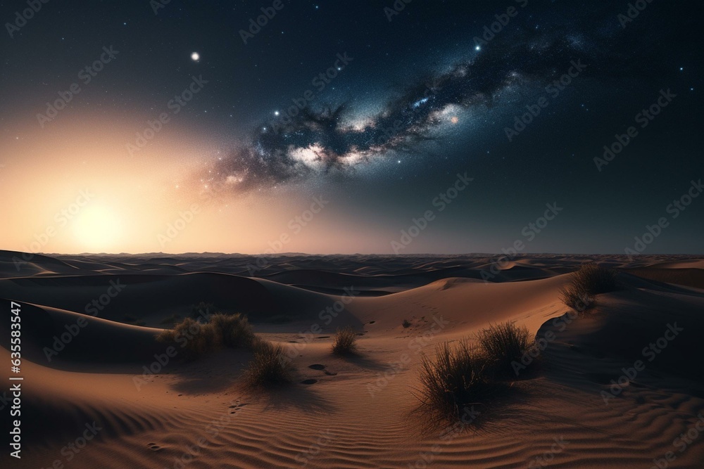 Tranquil desert with sand dunes and serene nebula-lit sky. Modern scenic backdrop. Generative AI