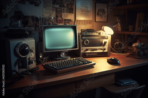 A retro-themed computer setup with a monitor, keyboard, and mouse on a desk. Generative AI