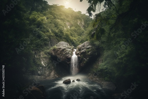 Image of a heart blending with the scenic view of a forest and a waterfall. Generative AI © Iezzi