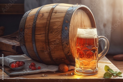Watercolor-style illustration of wooden beer barrel and mug of ale, ideal for brewery and pub concept. Generative AI
