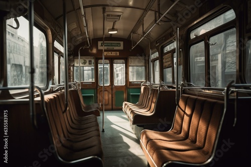Empty seats inside city tram. Generative AI