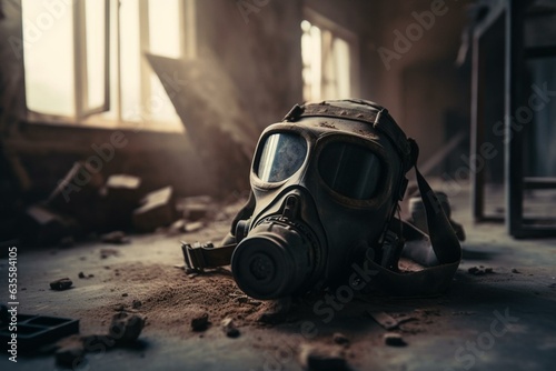 Eerie depiction of a deserted gas mask in a dystopian setting. Ideal for post-apocalyptic narratives. Generative AI