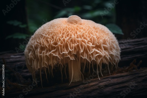 A stunning rare lion's mane mushroom, Hericium Erinaceus, known as pruikzwam, found in the forest. Generative AI
