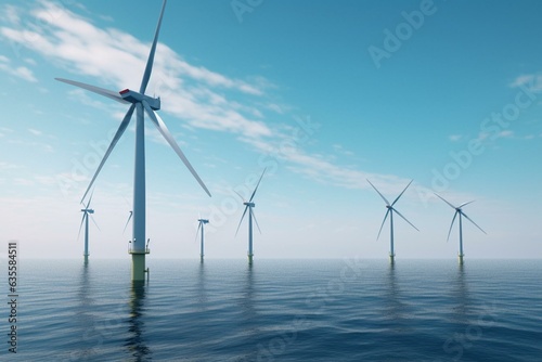 8k ultra hd. Offshore wind turbines farm on the ocean. Sustainable energy production, clean power. 3D illustration. Generative AI