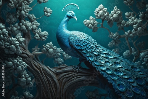 Beautiful 3D peacock and tree design on embossed wallpaper. Generative AI
