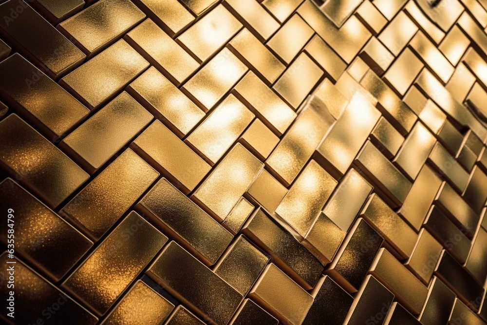 Golden mosaic wall of glossy 3D herringbone tiles creating a polished block background. Generative AI