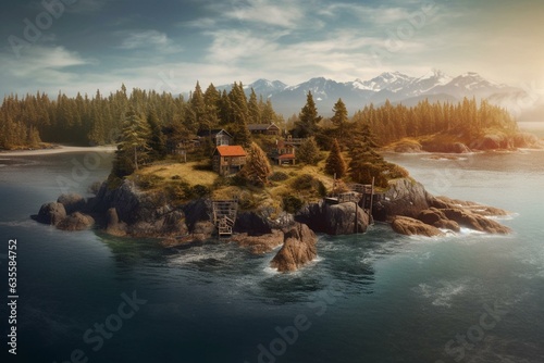 Fantasy illustration of Nootka Island, Vancouver Island, Canada featuring a skyline. Digitally created artwork. Generative AI