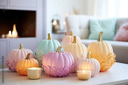 Minimal pastel pumpkins Thanksgiving Halloween decoration at home. Trendy modern pastel pumpkins on table. Autumn holidays decoration arrangement ideas with pastel pumpkins and flowers