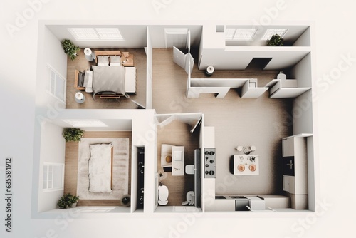 Overhead view of apartment interior on a blank white background with a 3D model. Generative AI