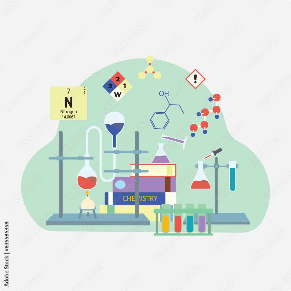 Chemistry school subject concept. Theoretical and practical study. Physics course and lesson. Isolated vector illustration