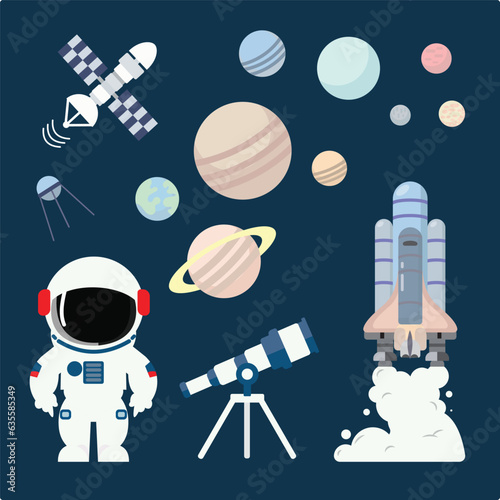 Set on a space theme, including a transport, planets and related objects, satellites, instruments for tracking the cosmos. Vector illustration isolated on white background.