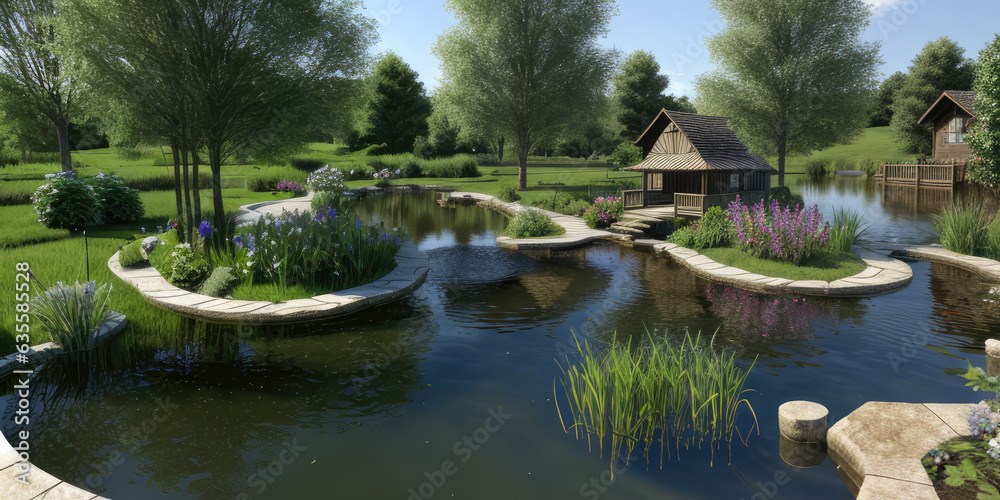 Fototapeta premium Scenic pond environment with village in the background photorealistic