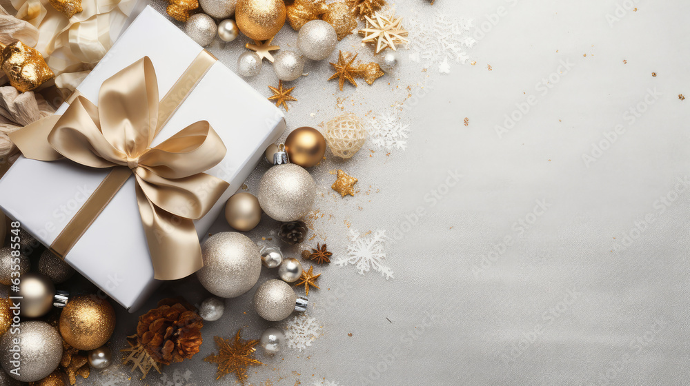 White gift box with golden bow and christmas decorations on gray background White gift box with golden bow and christmas decorations on gray background