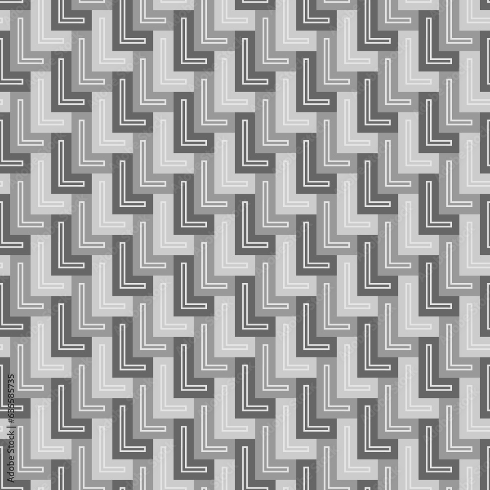 L shape blocks wallpaper. Repeated color mosaic figures on white background. Seamless surface pattern design with polygons. Pavement motif. Digital paper with pavers for page fills