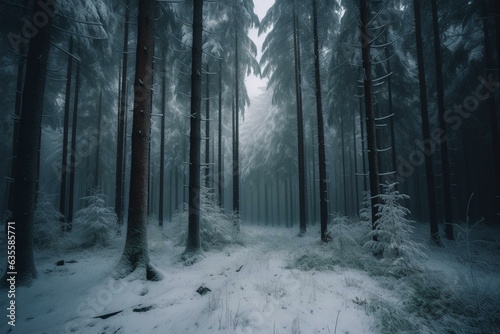 Snowy forest landscape with tall evergreen trees. Generative AI
