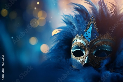 Blue feathered carnival mask against abstract background with golden dust, enhanced with luxurious light effects. Generative AI