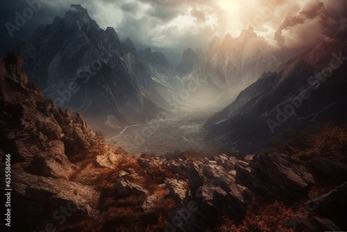 Breathtaking mountainous terrain surrounded by ethereal atmosphere. Generative AI