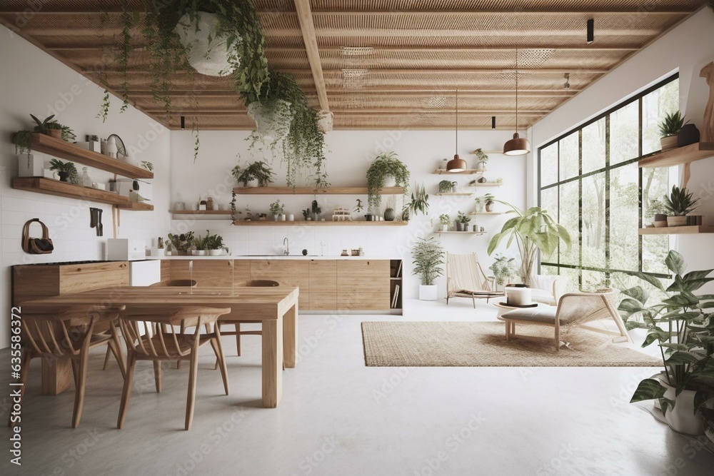 Eco-friendly white living & kitchen with bamboo ceiling, potted plants ... - Eco-Friendly Ceiling Decor