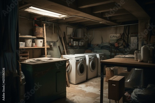 A basement with laundry machines and a workbench. Generative AI