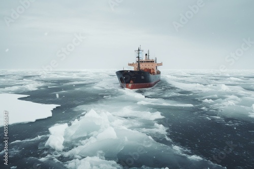 A vessel navigating through harsh winter conditions in the open waters. Generative AI