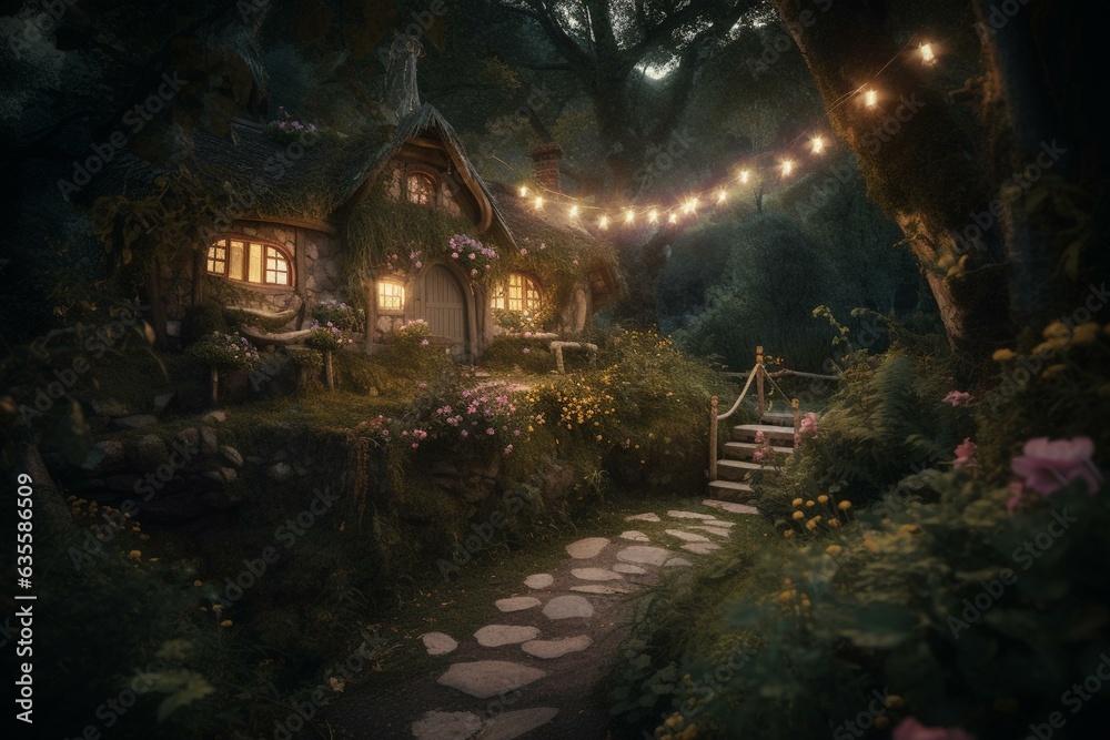 Enchanting hobbitry amidst floral foliage, illumined by sparkling lights in eerie woods. Generative AI