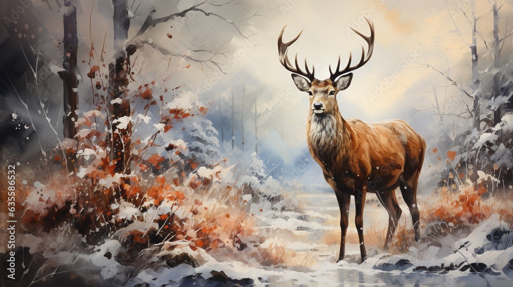 Generative AI, winter painted illustration with snow and animal. Generative AI, winter painted illustration with snow and animal.