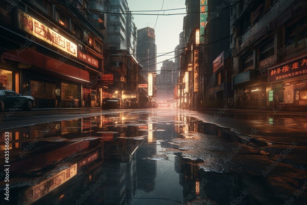 3D city with reflective puddles in cyberpunk CBD. Generative AI