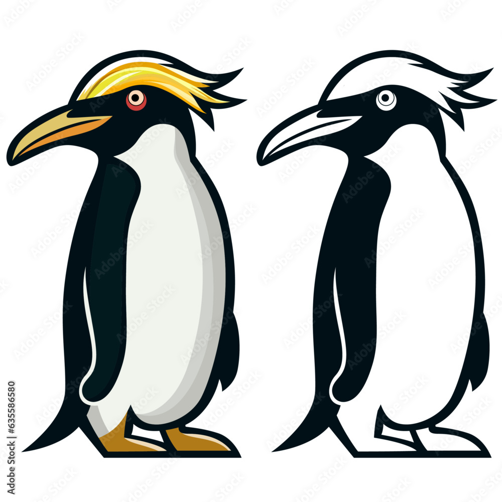 Fototapeta premium Macaroni penguin simple vector clip art, Eudyptes chrysolophus , seabird stock vector image