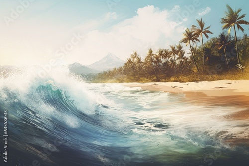 Beautiful beach scenery with a watercolor ocean wave, tropical palm trees, sandy beach, and blue beige background. Ideal for Hawaiian summer and sea travel. Generative AI