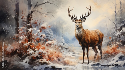 Generative AI, winter painted illustration with snow and animal.  © DELstudio
