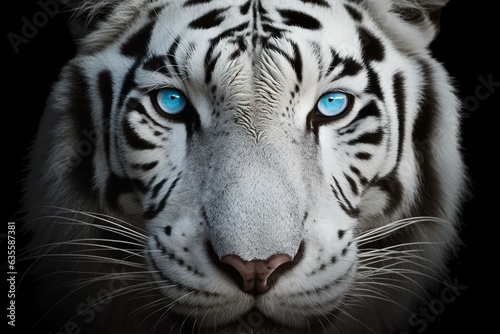 A stunning white tiger with captivating blue eyes. Generative AI © Freya