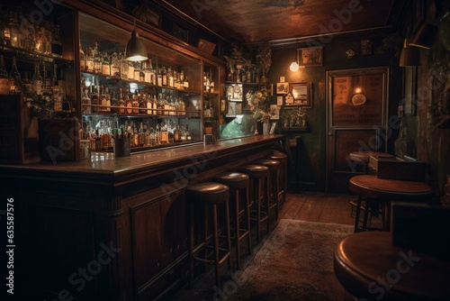 An intimate bar exuding a vintage vibe and mysterious ambiance. Generative AI © Esme