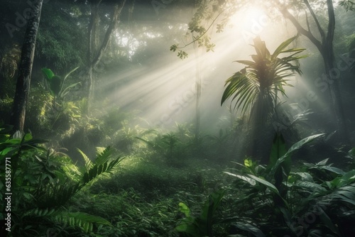 Tropical forest in the morning with mist, sun rays, and fog. Nature landscape wallpaper background. Generative AI © Lysandra