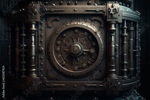 Vintage steampunk safe with ornate steel design, resembling a retro banking vault. An abstract illustration of an imitation drawing. Generative AI