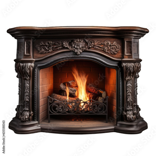 Burning classic fireplace. Luxury fireplace isolated on transparent background