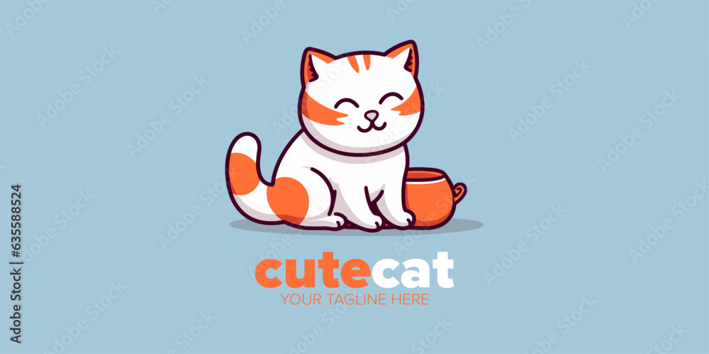 Fototapeta premium Versatile Cartoon Logo Design: Cute Minimalist White Cat Mascot Character, Perfect for Pet Store, Pet Shop, Toys, Food, and Various Business Brands