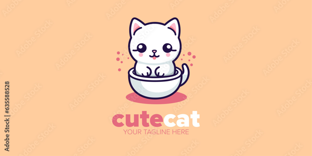 Charming White Cat Logo Design: Minimalist Mascot Cartoon Icon Suitable for Pet Store, Pet Shop, Toys, Food, and a Multitude of Brands