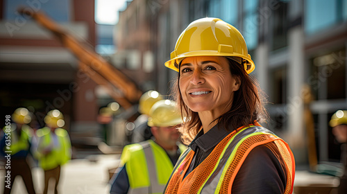woman working at a construction site in a construction helmet and a work vest
